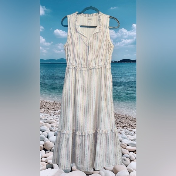 J. Crew Womens Dress Sz 6 Sleeveless Tiered Midi Metallic Striped Ruffled Zip - Picture 2 of 13